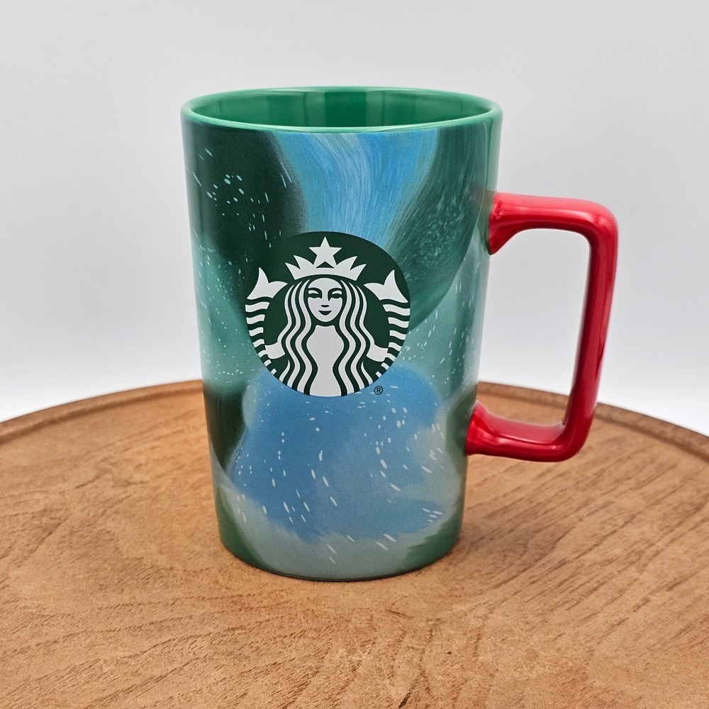 Starbucks 2024 Holiday Mug Northern Lights Aurora Marbled Green Red Handle 13oz